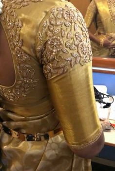 Latest Wedding Blouse Work Designs, Gold Saree With Gold Blouse, Blouse Work Designs For Pattu Sarees, Gold Blouses For Sarees, Gold Blouse Embroidery Designs, Zardosi Embroidery Blouse Weddings, Latest Zardosi Work Blouse Designs, Jardosi Maggam Work Blouse Designs, Gold Maggam Work Blouse Designs