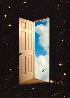 an open door leading to the sky with a bird flying in it's doorway