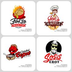 four different logos for some kind of food and drink company, each with an image of a chef