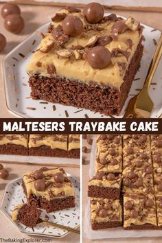 a collage of photos showing different layers of cake with chocolate and caramel toppings