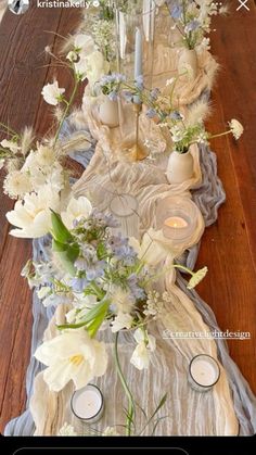 an arrangement of flowers and candles on a long table with the text, wedding centerpieces