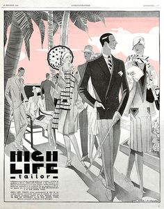 an old fashion magazine cover shows men in suits and ties standing on the beach with palm trees