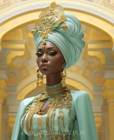 a mannequin dressed in green and gold with an elaborate head piece on her head