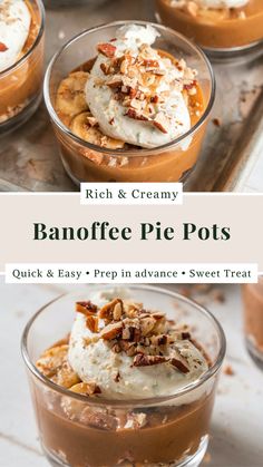 three desserts in small glass dishes on a tray with text overlay that reads, rich & creamy banoffee pie pots quick and easy to prep for advance sweet treat