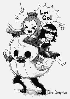 an ink drawing of two people riding on the back of a cartoon character, with text that