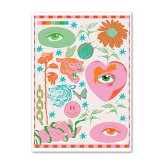 a poster with an eye, flowers and other things on the front of it's frame