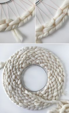 two pictures showing how to make a weaving project