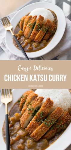 easy and delicious chicken katsu curry with rice in a white bowl on a table