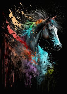 a horse with colorful paint splatters on it's face and head, in front of a black background