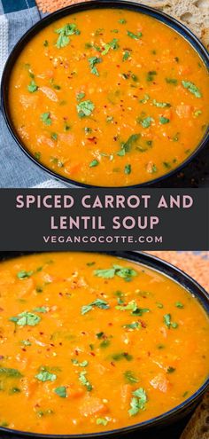 two bowls filled with carrot and lentil soup