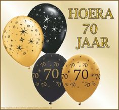 a group of balloons with the words hoera 70 jaar written in gold and black