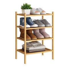 three tier shoe rack with shoes on top and two plants in the bottom, against a white background