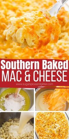 southern baked macaroni and cheese is being spooned into the casserole