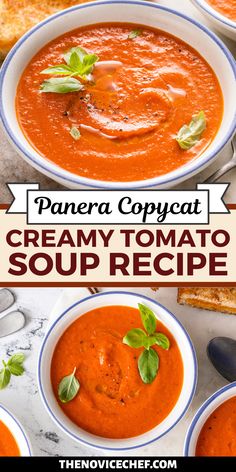 panera copycat creamy tomato soup recipe with fresh basil leaves in the bowl and bread on the side