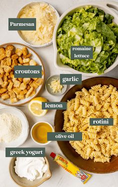 ingredients to make pasta salad laid out on a table