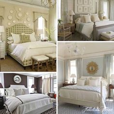 four different pictures of a bedroom with white walls and furniture, including a large bed