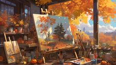 an artist's easel in front of a window filled with autumn leaves