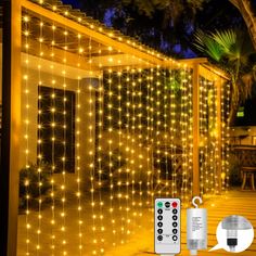 an outdoor area with lights and remote controls