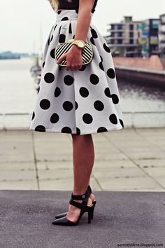 #choies #skirt # fashion White Polka Dot Skater Skirt Polka Dot Midi Skirt, Dressy Skirts, Buy Skirts, French Chic, Dot Skirt, Heidi Klum