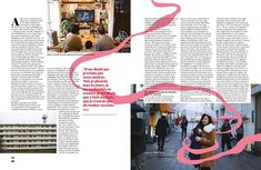 an article in a magazine with people walking around