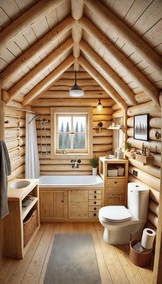 a bathroom with wooden walls and ceiling, including a large tub in the center surrounded by wood flooring