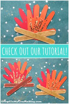 the steps to make paper flowers with popsicle sticks and glitter on them are shown