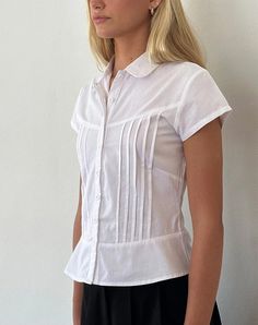 White Poplin Blouse | Wilmot – motelrocks-com-us Cool Blouses, White Short Sleeve Button Up Outfit, Short Sleeve Button Up Outfit, 2025 Energy, Full Length Top, Sixth Form, Collared Shirts, Romantic Tops, Bodycon Midi Skirt