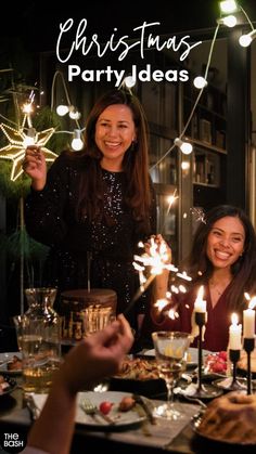 two women sitting at a table with candles in front of them and the words christmas party ideas