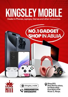 an advertisement for the kingley mobile phone shop in abuia, with headphones and other accessories