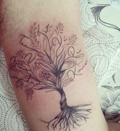 a tree tattoo on the leg with roots