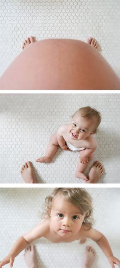 two pictures of a baby laying on the ground with their hands up and feet down