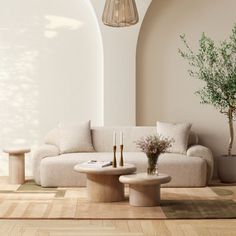 a living room filled with furniture and a potted plant