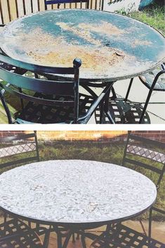 Patio Furniture Makeover Metal Patio Furniture Makeover, Resin Patio Table, Patio Table Redo, Tile Patio Table, Metal Outdoor Table, Metal Garden Table, Patio Table Top, Furniture Makeover Ideas, Old Wood Table