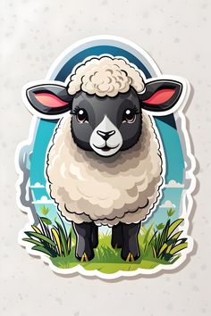 a sheep sticker with grass and clouds in the background