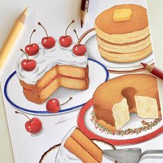 a drawing of pancakes and cake with cherries on the plate next to it is colored in pencil