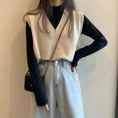 Sweater Vest Women, Casual Stylish, Vest Outfits, Knitting Women Sweater, Solid Clothes, 가을 패션, Sleeveless Sweater, Knit Vest, Korean Outfits