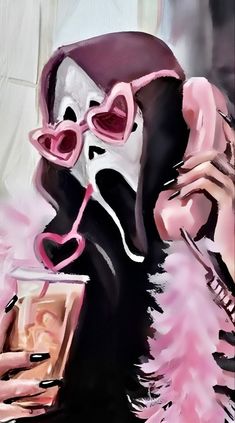 a painting of a woman wearing pink glasses and holding a cell phone to her ear