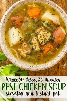 a bowl of chicken soup with carrots, celery and parsley on the side