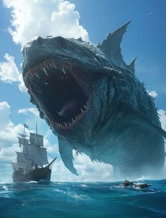 a giant shark attacking a ship in the ocean