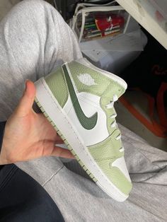 Sage Green Custom Air Jordan 1 – unitecustom Sage Green Jordans, Sage Green Wedding Shoes, Sage Green Shoes, Princess Sweet 16, Custom Air Jordan 1, Green Jordans, Sneaker Ball, Custom Air Jordan, Sage Green Color