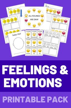 feelings and emotions printable pack with text that reads feelings and emotions, all feelings are okay