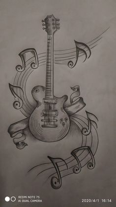 a drawing of a guitar with music notes around it