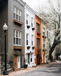 a row of houses on a street with trees in the foreground and a lamp post at the end