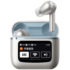 anc earbuds with charging box and remote control in silver color on white background