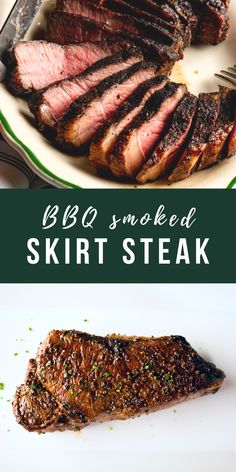 grilled steak on a white plate with text overlay that reads bbq smoked skirt