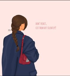 a drawing of a girl with her back to the camera, wearing a blue coat and carrying a red purse