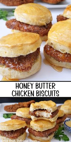 A double photo collage of honey butter chicken biscuits on a white plate. Chicken And Biscuit Sandwich, Breakfast Chicken Biscuits, Hot Honey Chicken Biscuits, Chicken Breast Breakfast Ideas, Smothered Biscuits, Biscuit Dinner Ideas, Breakfast Recipes With Biscuits, Chicken And Biscuits Recipe, Hot Honey Butter