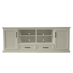 a white entertainment center with drawers and doors