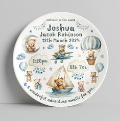 Description: Our unique plates make the ideal keepsake either for your precious new arrival or as a gift for a loved one or friends new bundle of joy. This unique Teddy themed plate comes personalised with all the important birth/ Christening details.  The ideal keepsake to treasure - forever.  Personalisation Information Needed for the Birth Plate: Baby name Date of birth Time of Birth  Birth weight Birth height  or  Personalisation Information Needed for the Christening Plate: Baby name Christ Clear Plastic Plates, Unique Plates, First Birthday Gifts, Plate Stands, Baby First Birthday, Baby Name, First Birthday, Christening, Keep It Cleaner