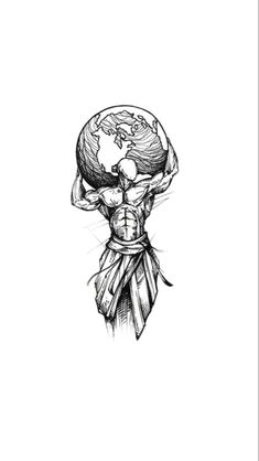 a black and white drawing of a man holding the earth on his shoulders with one hand